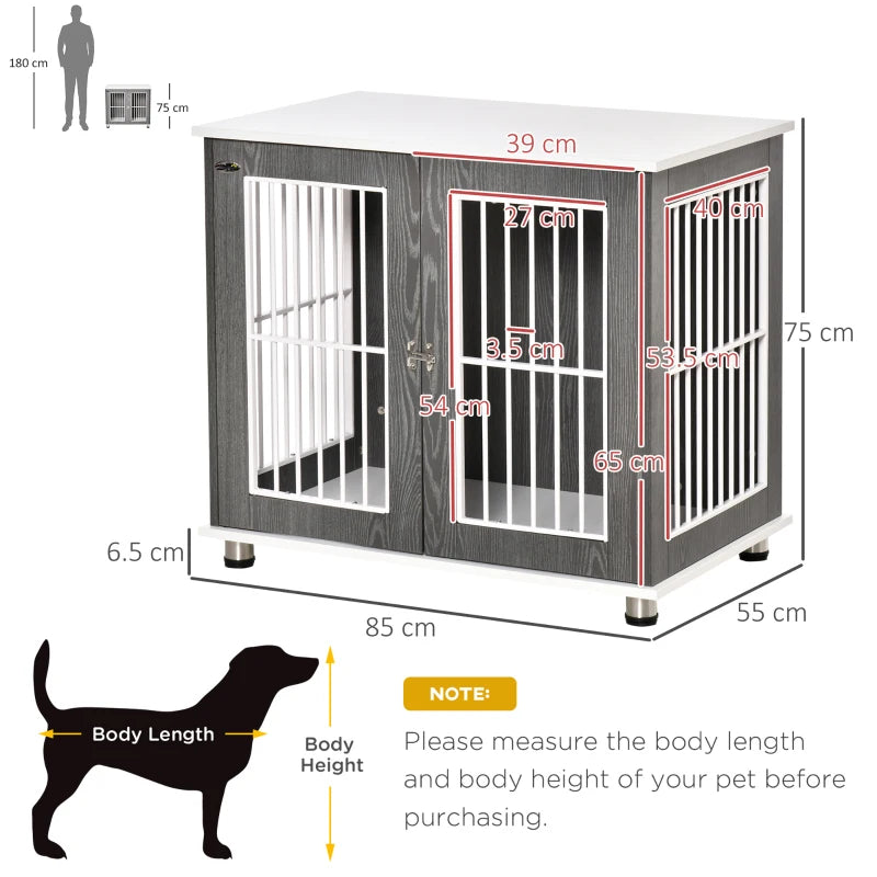 Wooden Dog Crate End Table Kennel with Lockable Door for Small & Medium Dogs - Grey & White, 85x55x75 cm