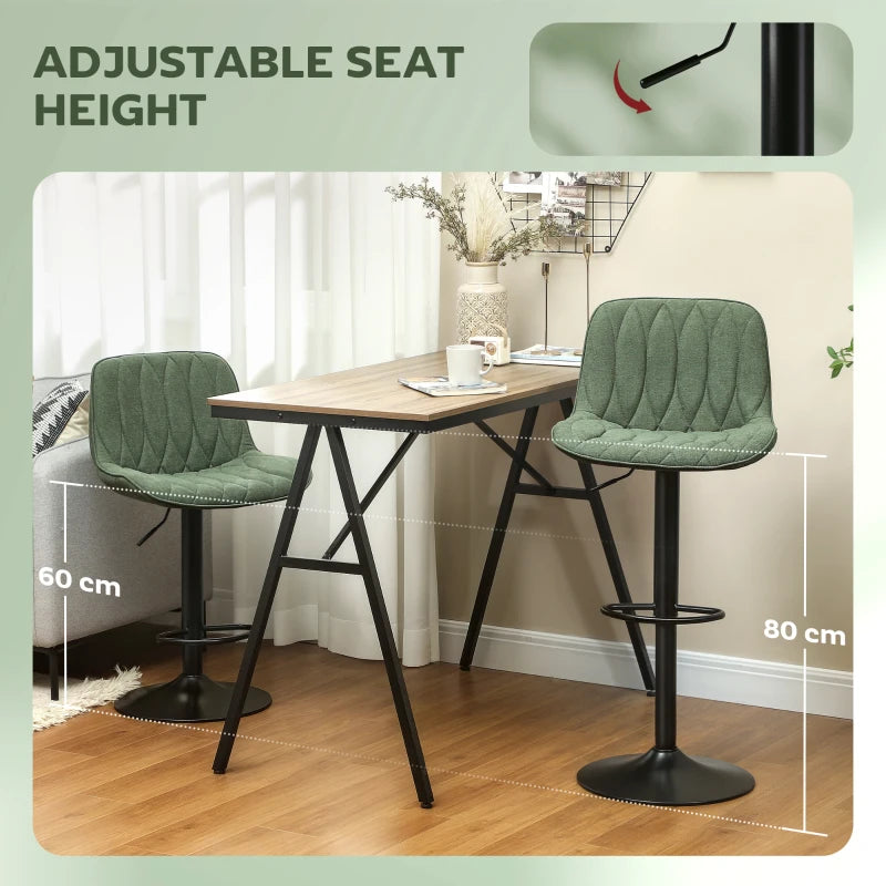 Adjustable Green Linen Breakfast Bar Stools Set of 2 | 60-80cm Height | Stylish & Comfortable Seating
