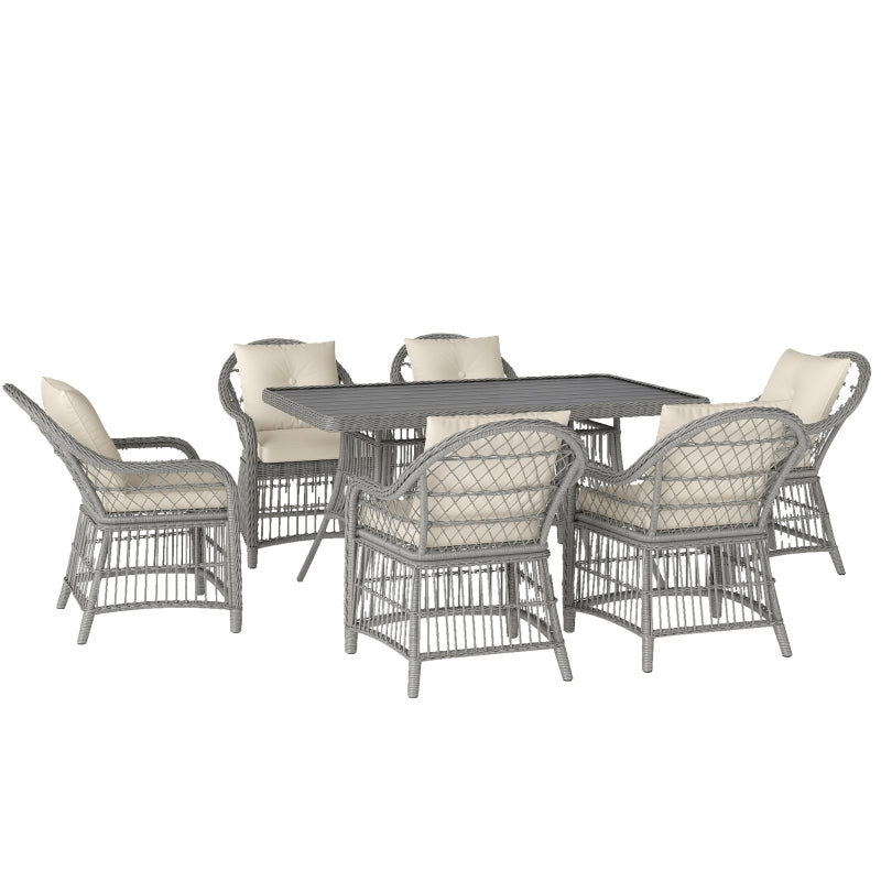 6 Seater Rattan Dining Set with Cushions, Aluminium Frame, Wicker Patio Furniture, Grey