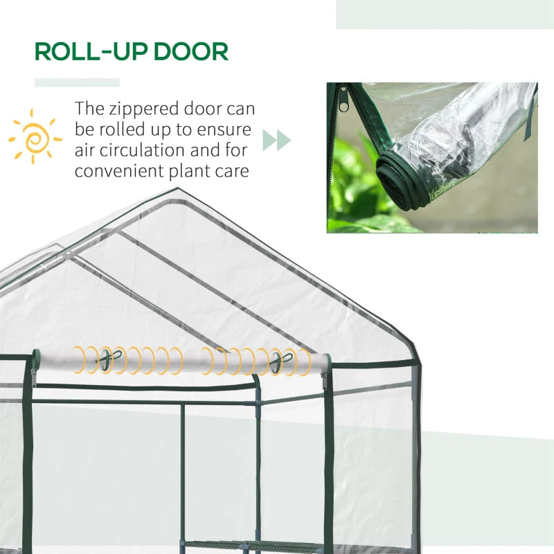 3-Tier Green Walk-in Greenhouse with Roll-up Door, Steel Frame, 143x143x195cm