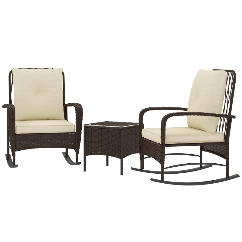 Brown Rattan Three-Piece Rocking Chair Bistro Set - Outdoor Furniture, Comfortable Seating