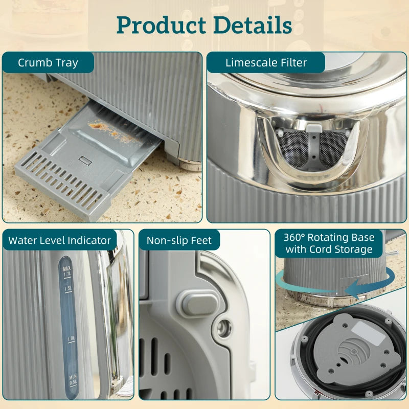 Electric Stainless Steel Kettle & Toaster Set - 3000W Fast Boil 1.7L Kettle with Limescale Filter & 4 Slice Toaster in Taupe