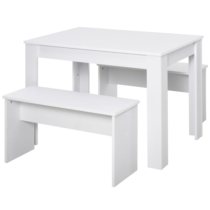 Compact White Kitchen Dining Table Set with 2 Benches - Space-Saving Table and Chairs for Small Areas