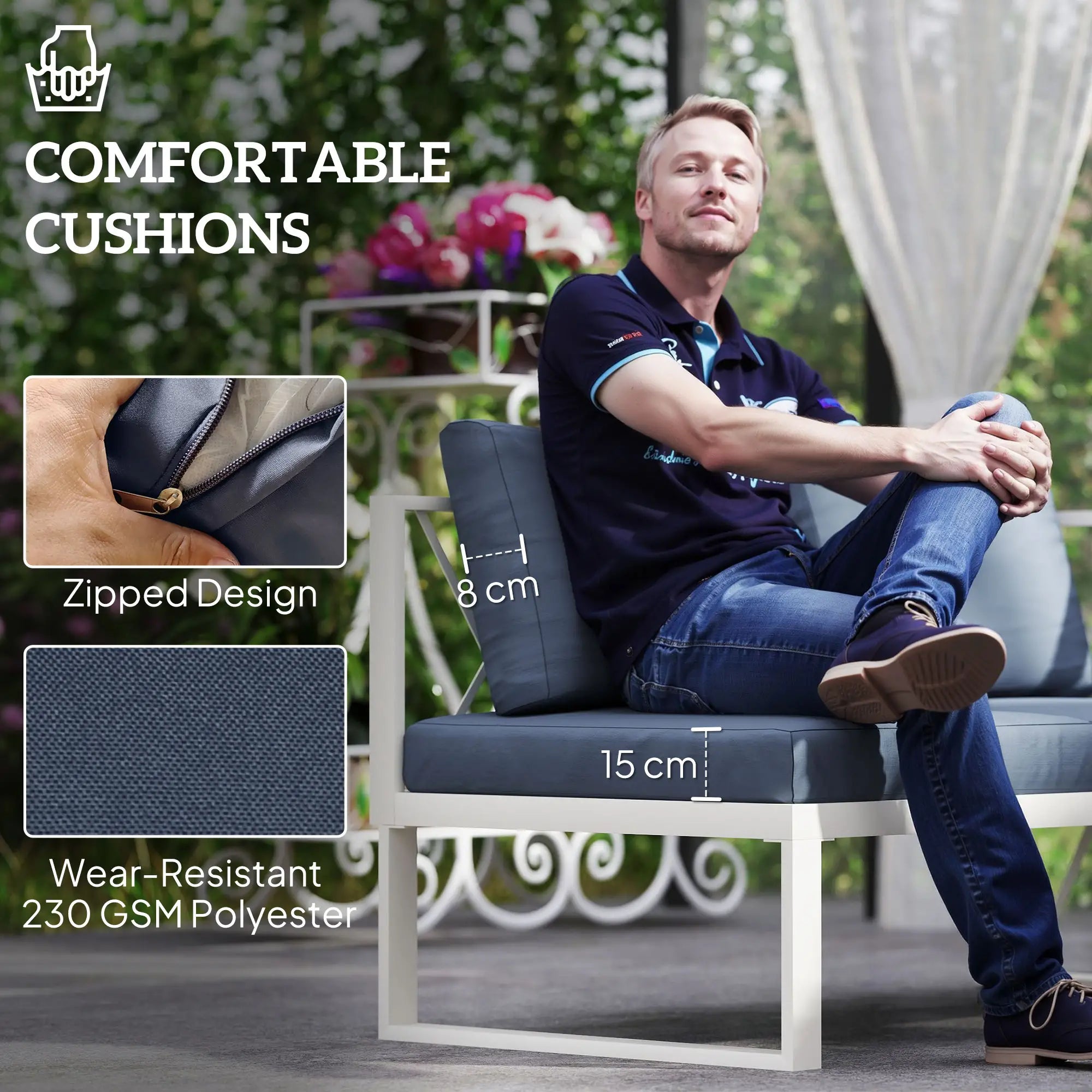 Light Coloured L Shaped Outdoor Sofa with 5-Level Adjustable Lounger - Blue Cushions