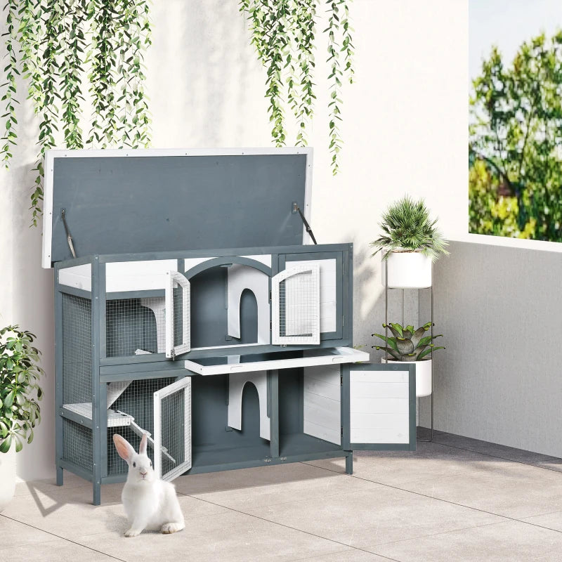 Premium 2-Tier Outdoor Rabbit & Guinea Pig Hutch - Wooden Cage with Ramp, Divider & Openable Roof - 125x48x100cm Grey