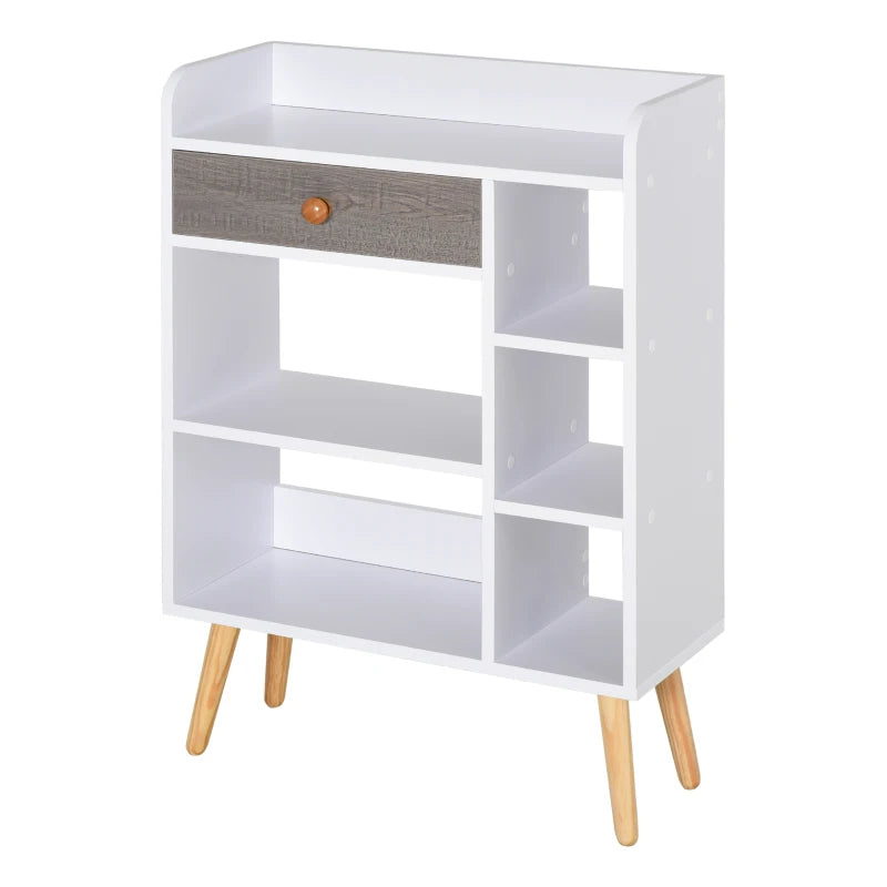 Freestanding Bookcase with Storage Drawer - 6 Shelves, Wood Legs, White & Grey - Home Office Display, 24D x 60W x 86.8H cm