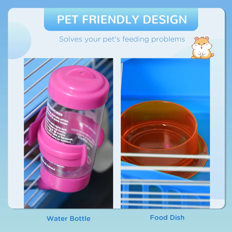 Blue 2-Tier Hamster Cage with Handle, Exercise Wheels, Tunnel, Water Bottle & Accessories for Dwarf Gerbils