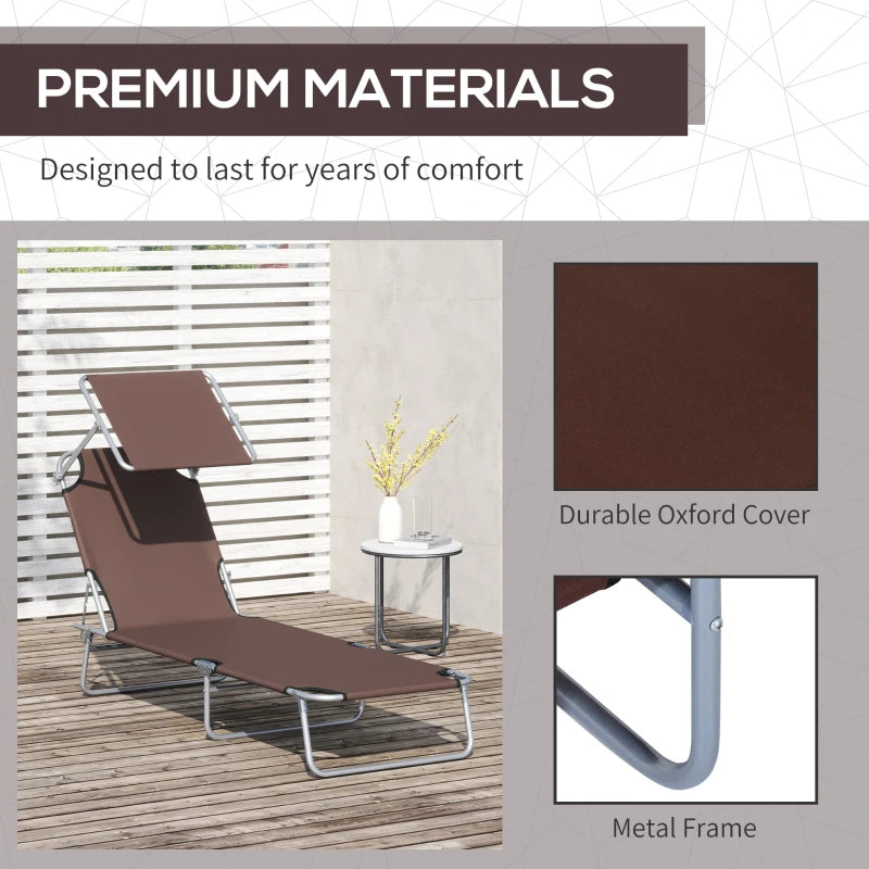 Brown Foldable Sun Lounger Set with Adjustable Backrest and Sun Shade Awning