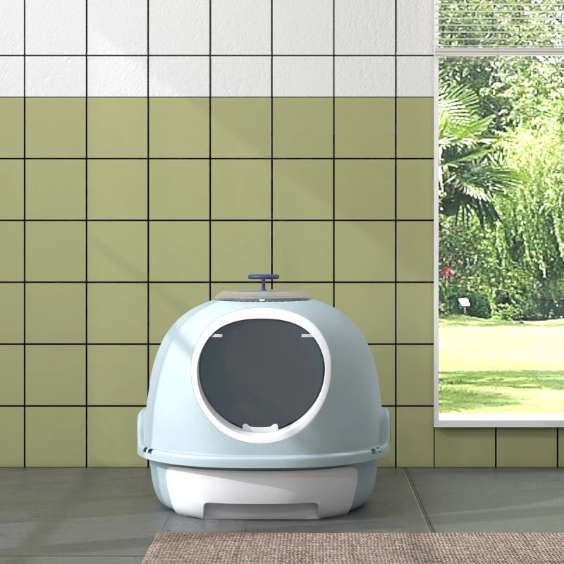 Blue Enclosed Cat Litter Box with Drawer & Scoop - Front Entry, Top Exit, Easy to Clean