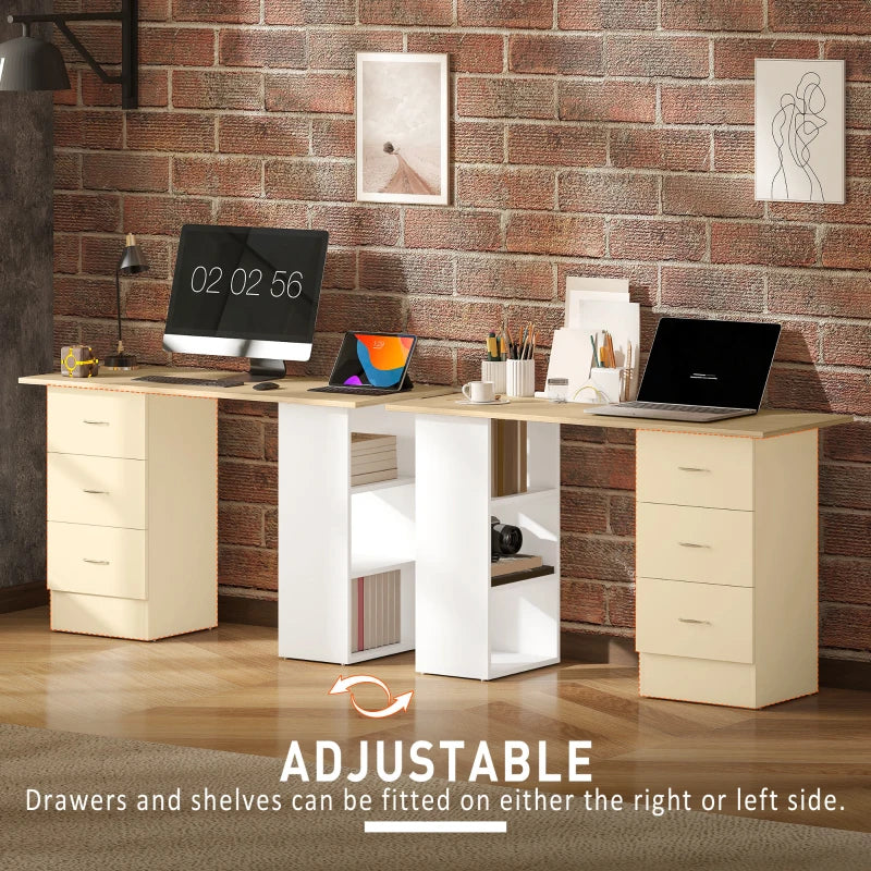 Modern Computer Desk with Storage Shelves and Drawers for Home Office Natural Wood Finish and White