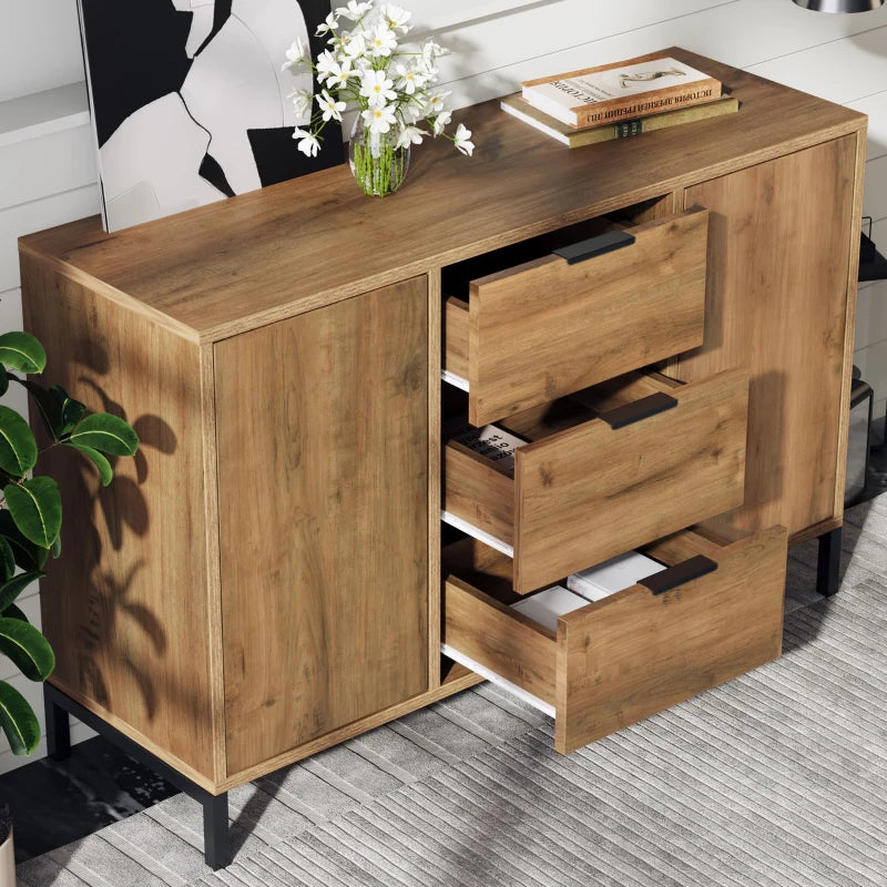 Modern Dark Oak Sideboard Cabinet with 2 Doors 3 Drawers and Adjustable Shelf for Living Room