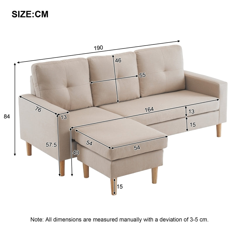 6.5ft 3-Seater Sofa Bed with Removable Footrest, Solid Wood Frame, Beige, 190x76x84 cm