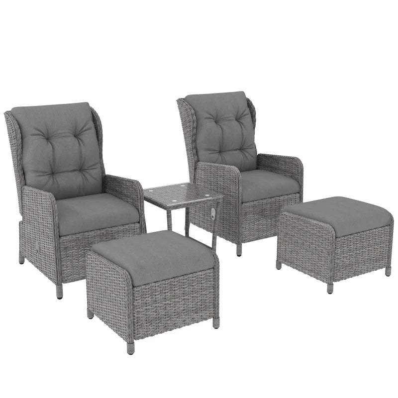 5-Piece Light Grey Rattan Bistro Set - Adjustable Back Reclining Wicker Balcony Furniture with Cushions, Glass Top Coffee Table & Footstools for Outdoor Use