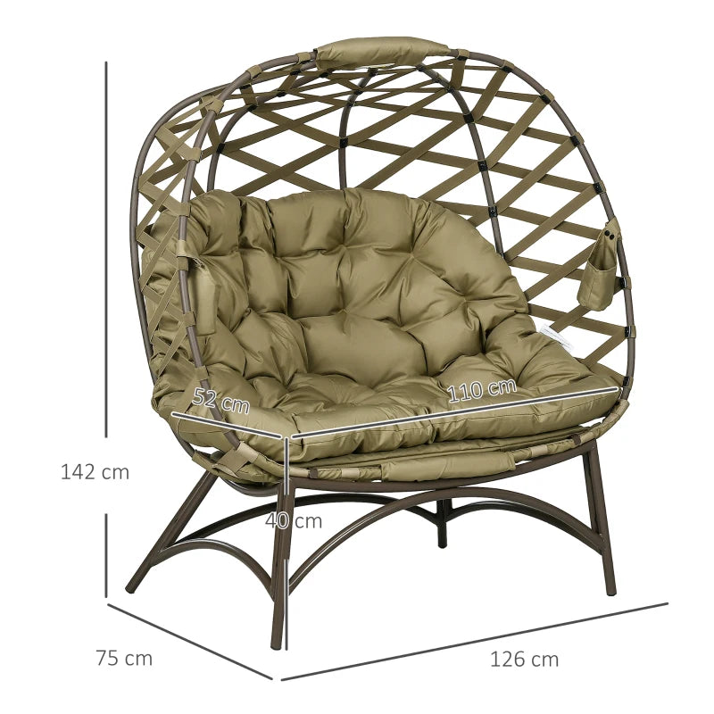 Khaki Folding 2 Seater Outdoor Egg Chair with Cushion and Cup Holders