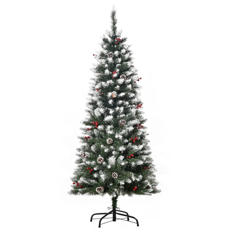 5FT Artificial Christmas Pencil Tree with Red Berries & Pinecones - Foldable Indoor Holiday Decoration, Green Xmas Tree