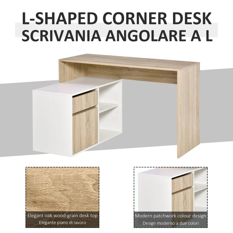 L-Shaped Corner Computer Desk with Storage Drawer & Adjustable Shelf - Oak & White Home Office Furniture, 120x92x75cm