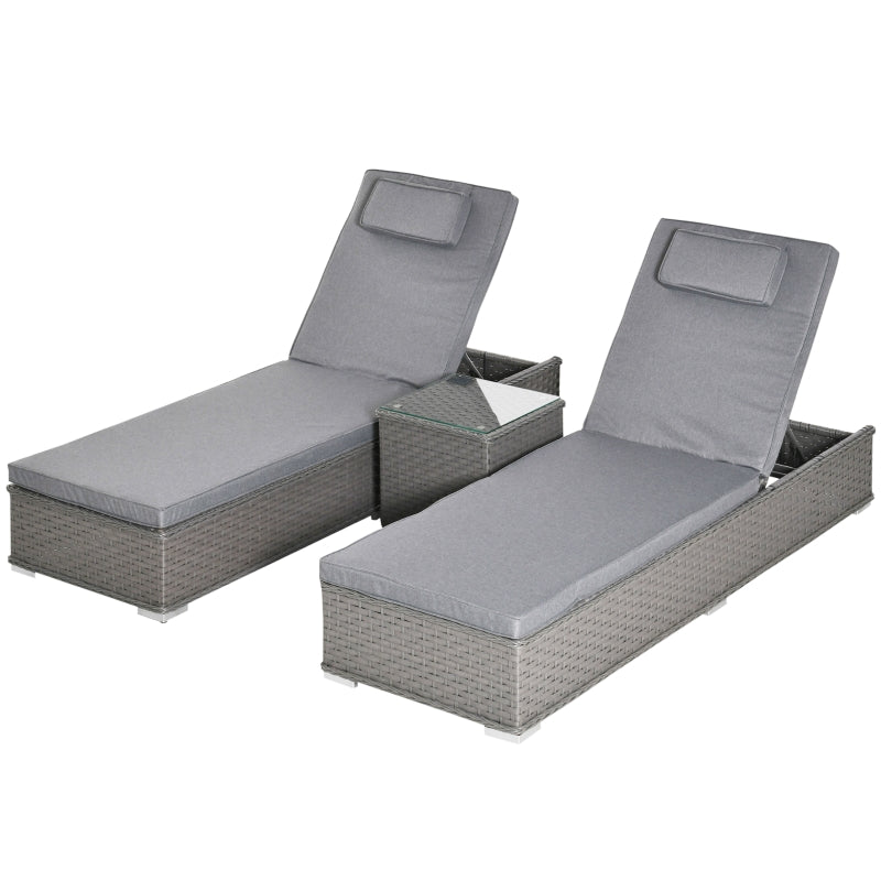 Grey Rattan Sun Lounger Set with Side Table