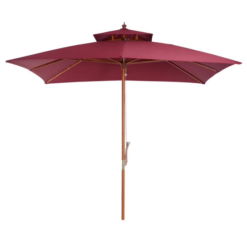 Double Tier Wine Red Wooden Garden Parasol Umbrella