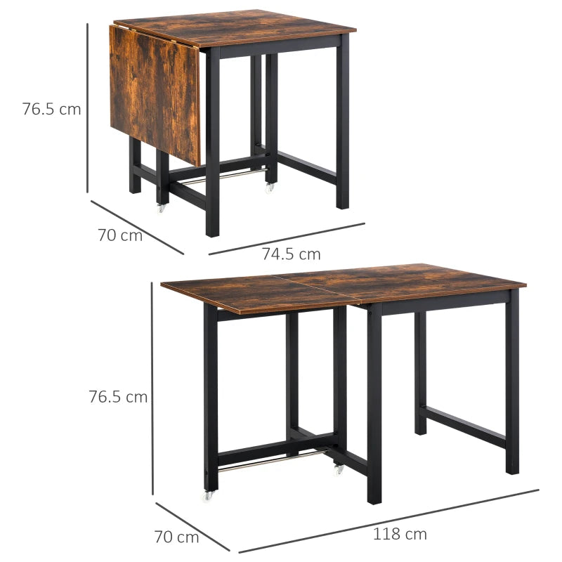 Industrial Folding Dining Table with Wheels - Rustic Brown Drop Leaf Table for Kitchen & Dining Room, Space Saving Design