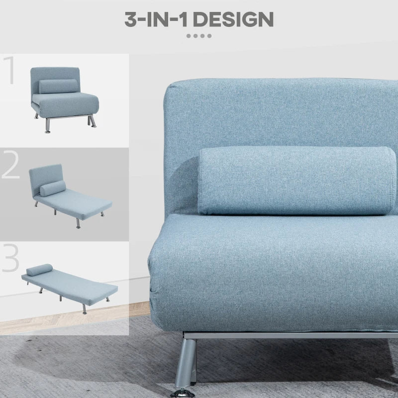 3-in-1 Convertible Linen Chair Bed with Adjustable Backrest and Pillow for Living Room or Bedroom in Sky Blue
