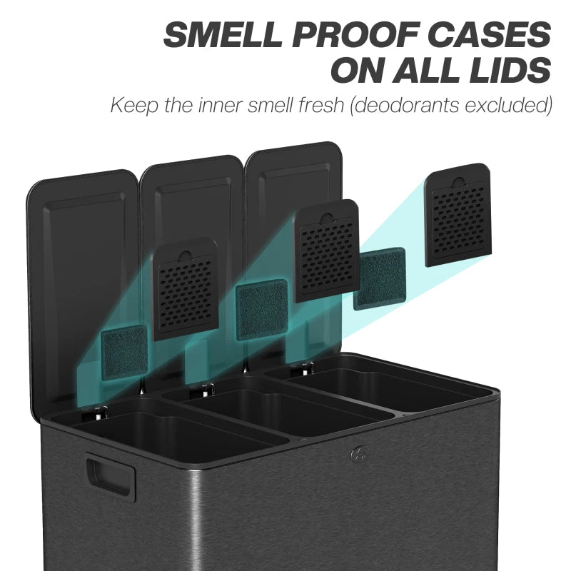 3 x 20L Steel Pedal Bin Set - Triple Kitchen Trash Can with Soft Close Lid, Removable Buckets, Fingerprint-Proof, Black