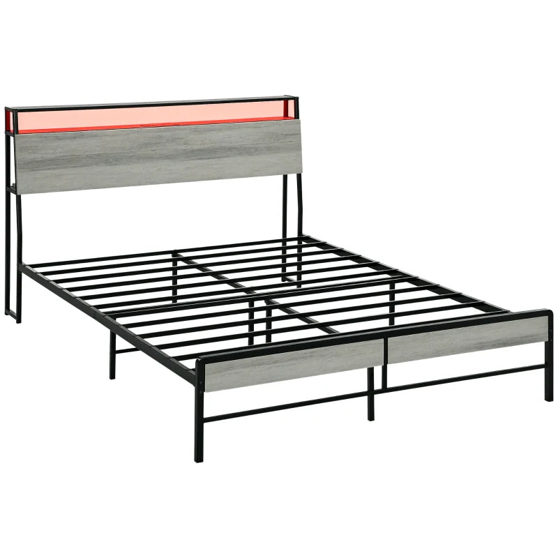 King Steel Bed Frame with LED Lights & Headboard Shelf - Modern Grey Design for Stylish Bedrooms