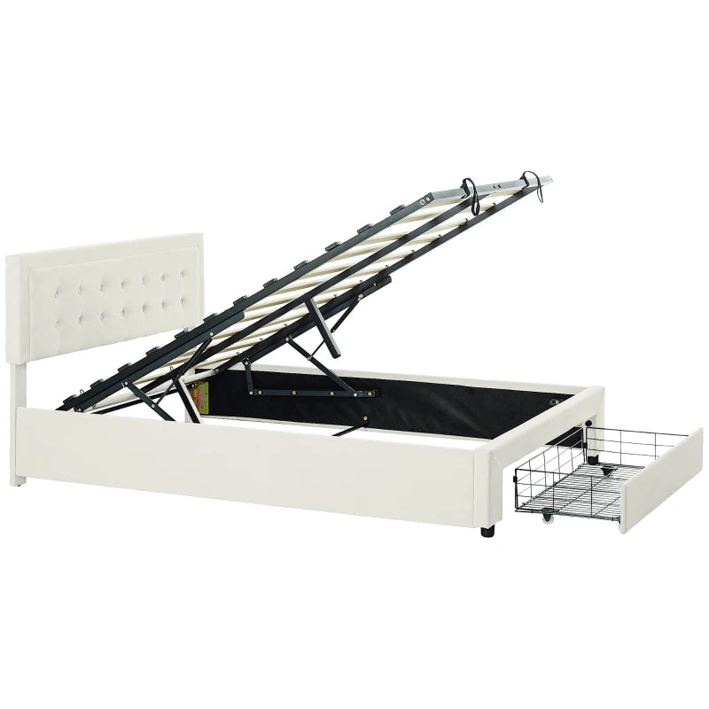 Cream Double Ottoman Bed Frame with Front Drawer for Stylish Storage Solutions