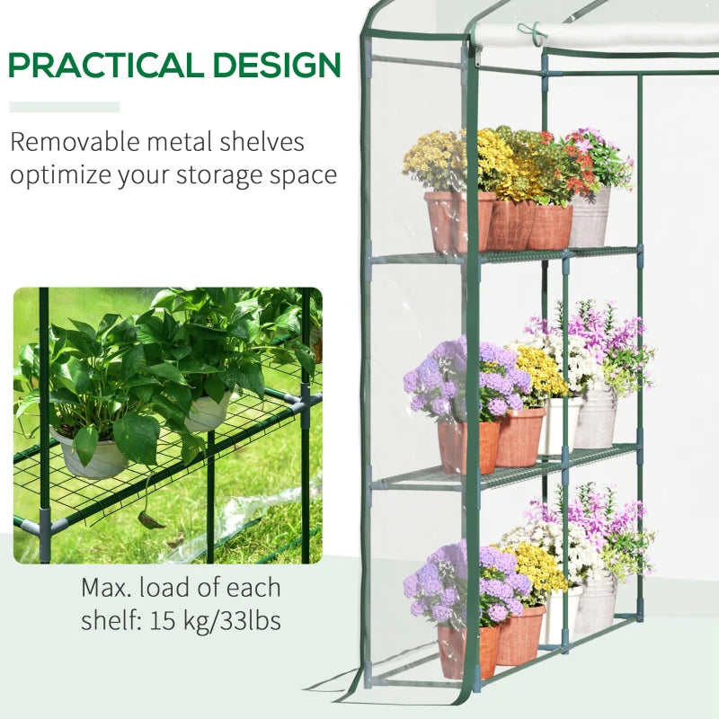 3-Tier Green Walk-in Greenhouse with Roll-up Door, Steel Frame, 143x143x195cm
