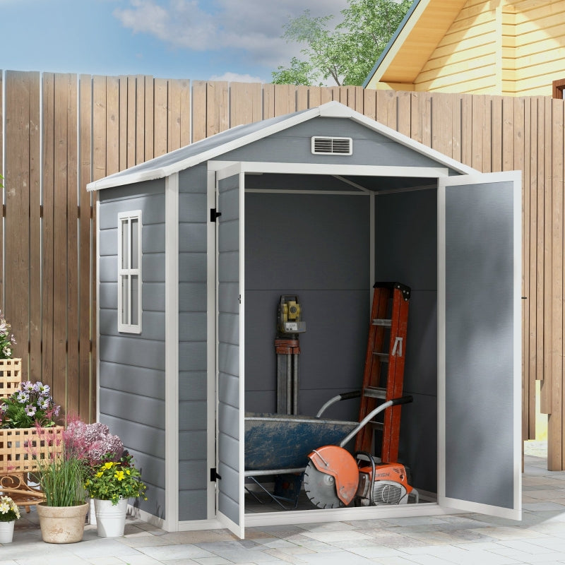 6ft x 4.5ft Grey Metal Shed - Lockable Garden Shed with Double Doors, Window, Vent and Plastic Roof