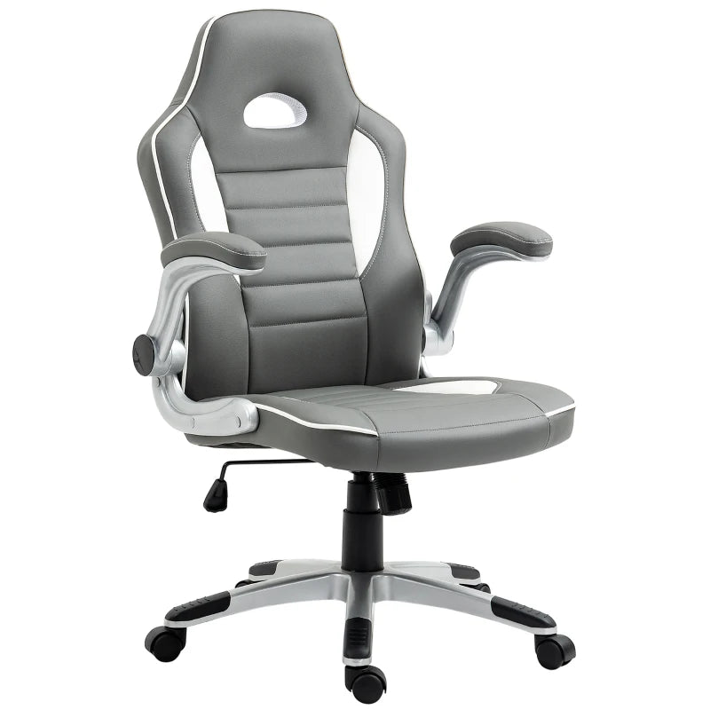 Vinsetto Grey Gaming Chair - PU Leather Office Desk Swivel Chair with Adjustable Height, 90° Flip-up Armrests & Rolling Wheels