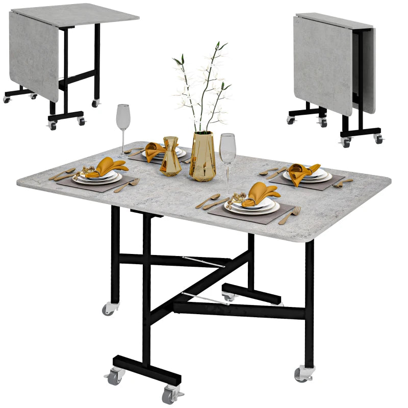 Mobile Drop Leaf Folding Dining Table with 6 Wheels & Brakes - Space-Saving Kitchen Table in Grey Marble Effect