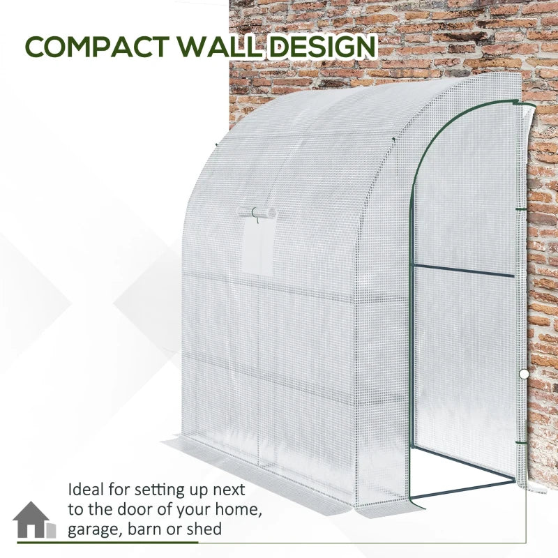 Green Walk-In Lean-to Greenhouse with Windows and Doors - 2 Tiers, 4 Shelves - White