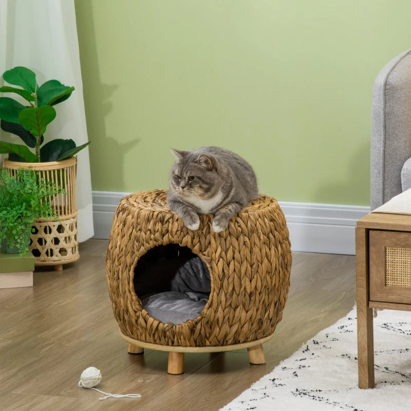 Wicker Cat Bed House Stool with Washable Cushion 44x43x41cm for Stylish Pet Comfort
