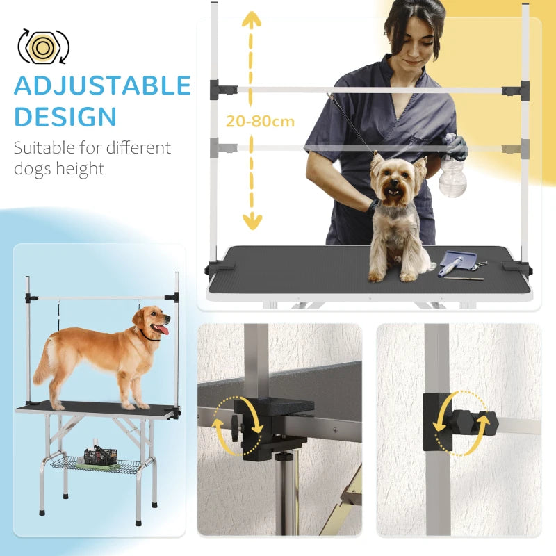42" Adjustable Dog Grooming Table with Rubber Top, 2 Loops & Storage Basket - Perfect for Cats & Dogs, Black