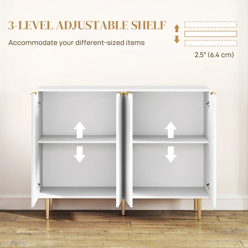 Modern White Sideboard Buffet Cabinet with 4 Doors, Adjustable Shelves & Metal Legs - Stylish Kitchen & Living Room Storage