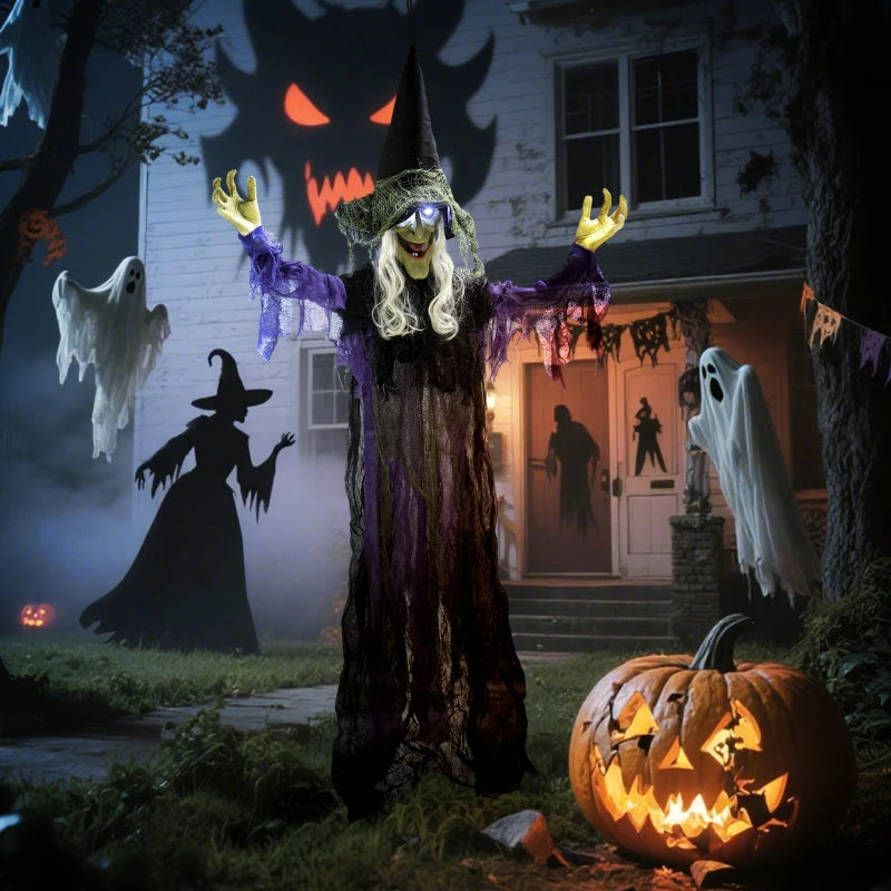 183 cm Life Size Animated Hanging Witch with Glowing LED Eyes - Spooky Halloween Decoration, Battery Operated Indoor Party Prop