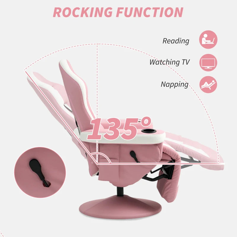 Pink PU Leather Manual Recliner Armchair with Adjustable Leg Rest, 135° Recline and 360° Swivel