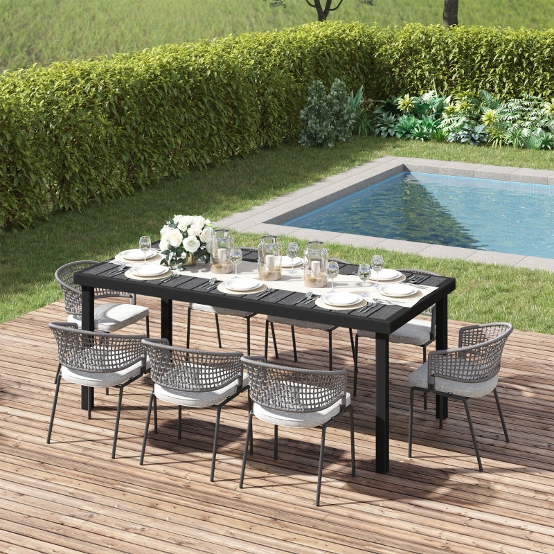 Black Aluminium Outdoor Dining Table for 8, Faux Wood Top, 190x90x74cm