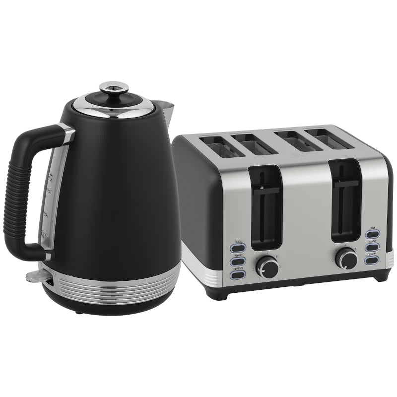 Stainless Steel Kettle & Toaster Set - 1.7L Rapid Boil Jug Kettle with Strix Thermostat & 4 Slice Toaster - Black/Silver