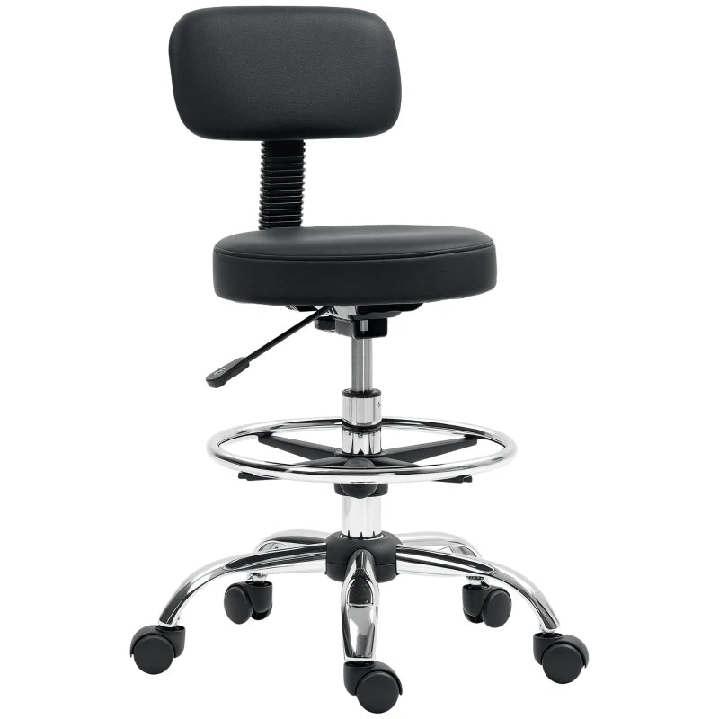 Ergonomic Drafting Chair with Backrest & Adjustable Footrest - Leather Padded Rolling Office Stool for Home & Office, Black