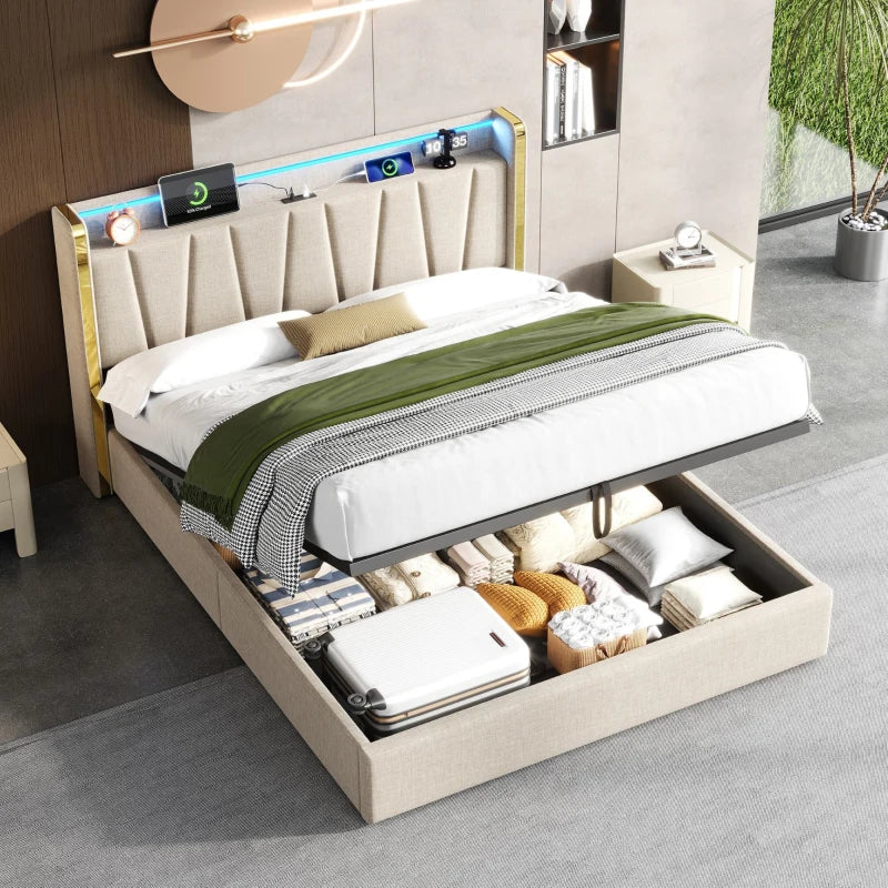 Double Upholstered Bed Frame with Hydraulic Storage and LED Headboard USB Type-C Charging Beige