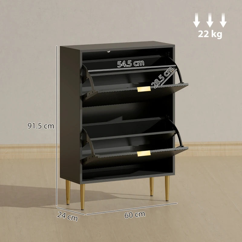 Narrow Black Shoe Cabinet with 2 Flip Drawers for Space Saving Storage