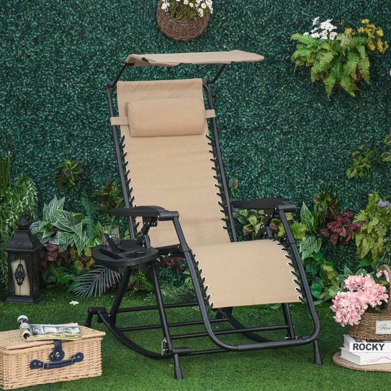 Beige Folding Rocking Sun Lounger Chair with Headrest and Side Holder