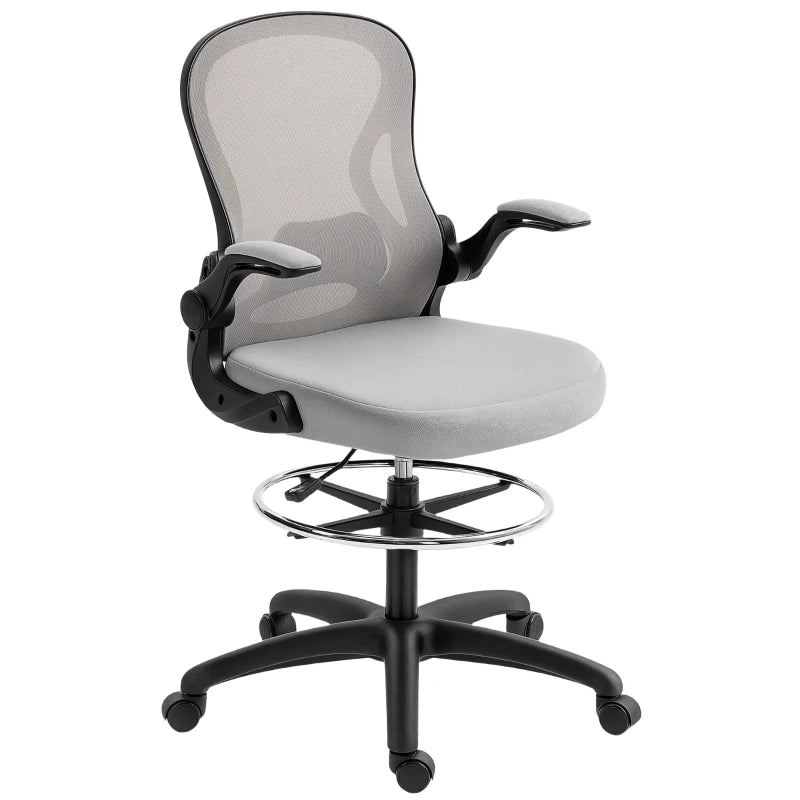 Vinsetto Adjustable Mesh Standing Desk Chair - Flip-up Armrests, Lumbar Support, Adjustable Footrest, Grey - Ergonomic Office Seating
