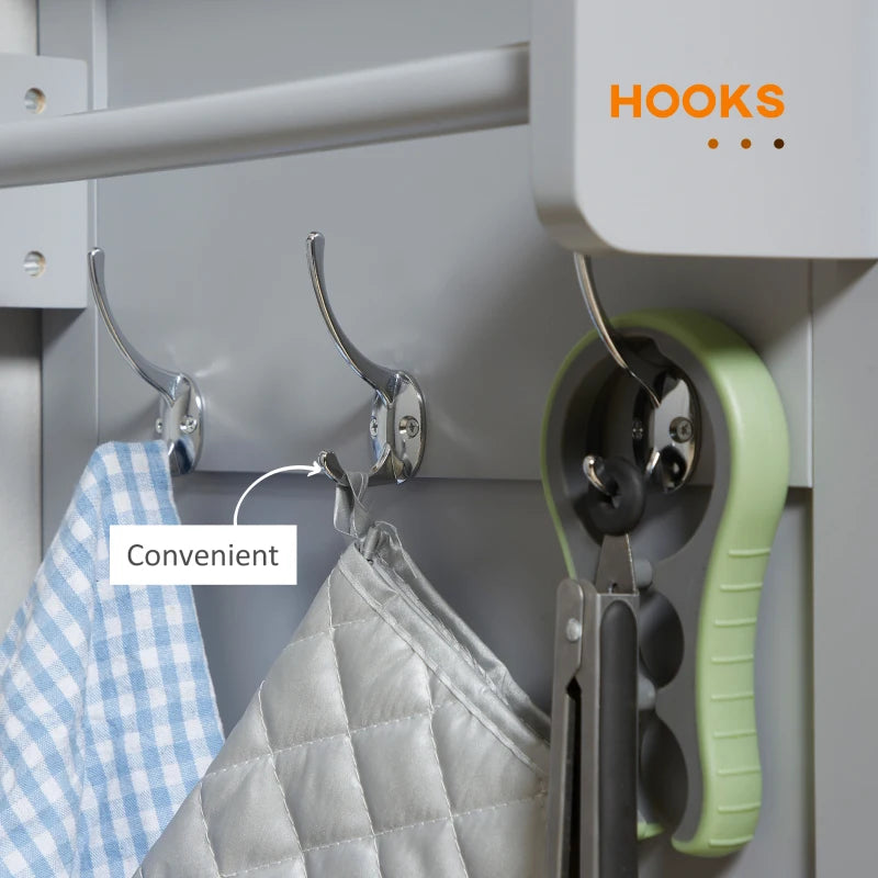 Rolling Kitchen Island on Wheels - Utility Serving Cart with Rubber Wood Top, Towel Rack, Hooks & Storage Drawers in Grey