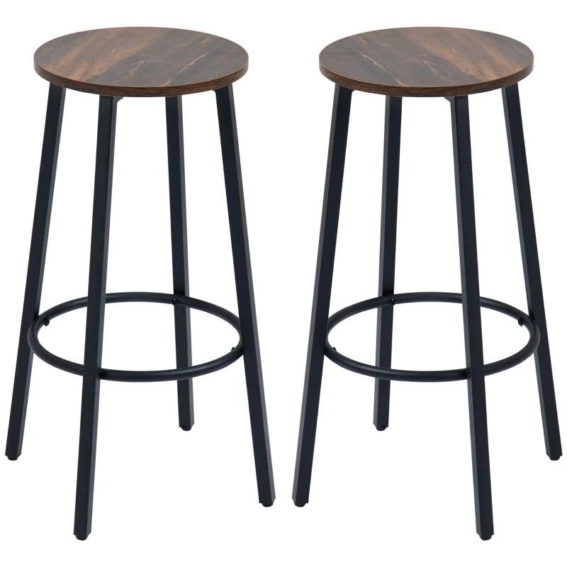 Set of 2 Industrial Bar Stools - 65cm High Rustic Brown Kitchen Chairs with Sturdy Steel Frame