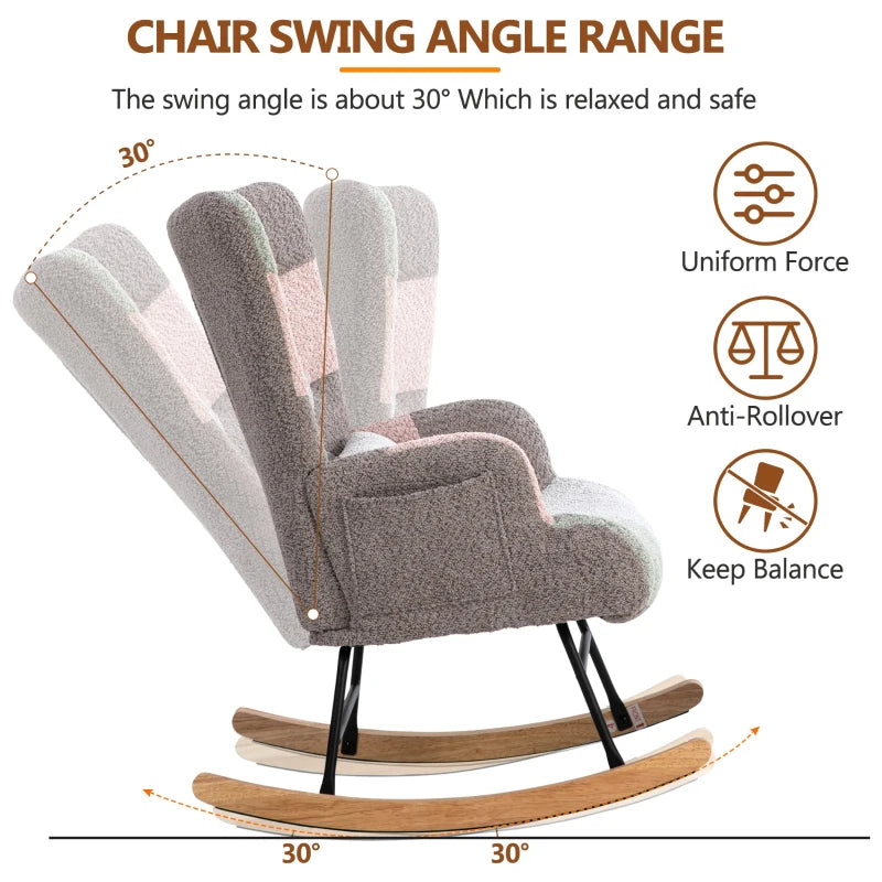 Stylish Rocking Garden Chair Set with Footstool and Pillow, Wingback Design, Solid Wood Legs, Blue and Grey