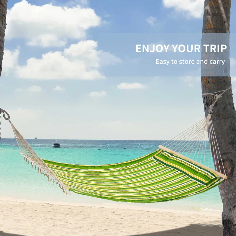 Green Striped Double Cotton Hammock with Pillow - Outdoor Swing Bed 188L x 140W (cm)