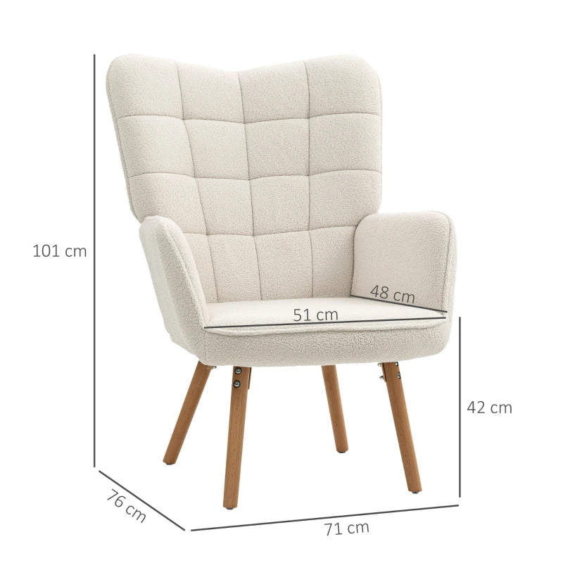 Modern Cream White Accent Chair - Upholstered Tufted Wingback Armchair with Teddy Fleece, Padded Seat & Wood Legs for Bedroom