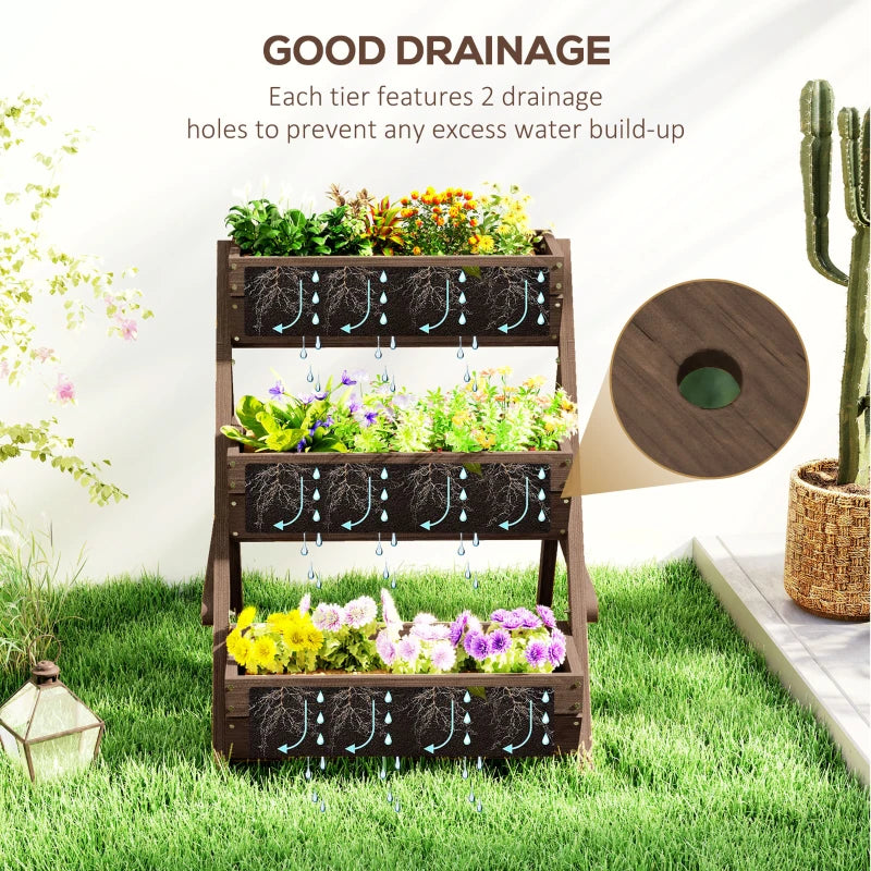 3 Tier Wooden Elevated Planter Box Kit - 66L for Flowers, Vegetables, Herbs - Tan - 65x75x78cm